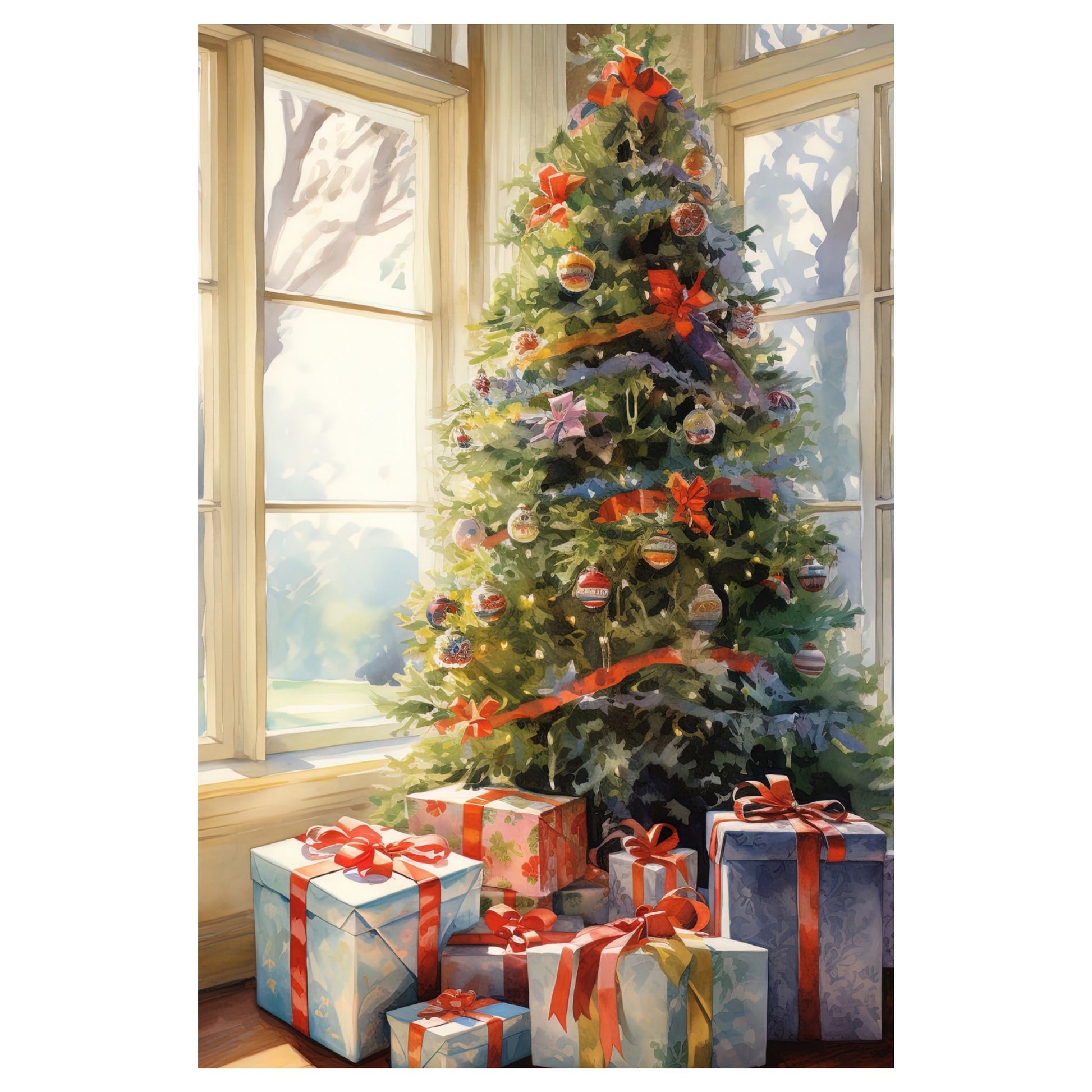 Dekorativt, grafisk julekort av et juletre og julepakker ved et vindu. Motivet har et nostalgisk preg.