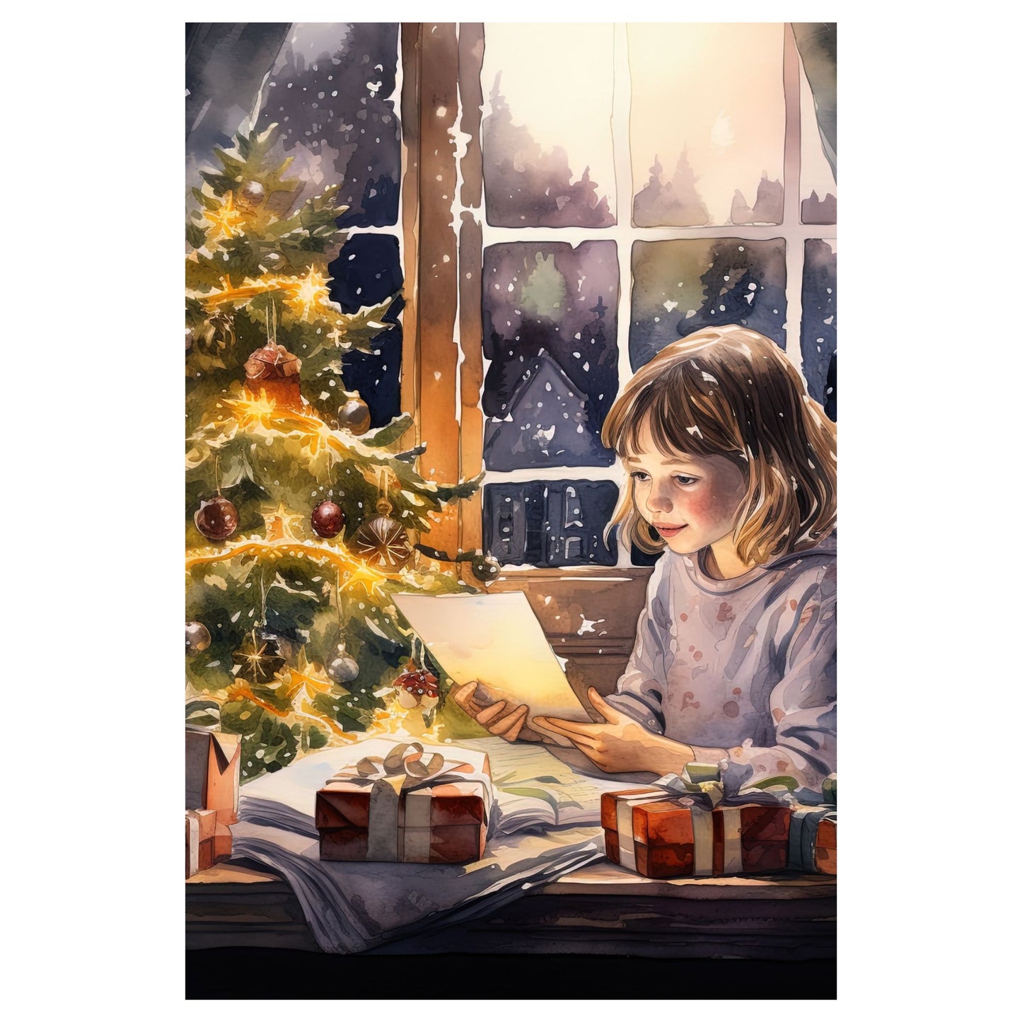 Dekorativt, grafisk julekort av et juletre,  julepakker og en jente som sitter ved et vindu. Motivet har et nostalgisk preg.