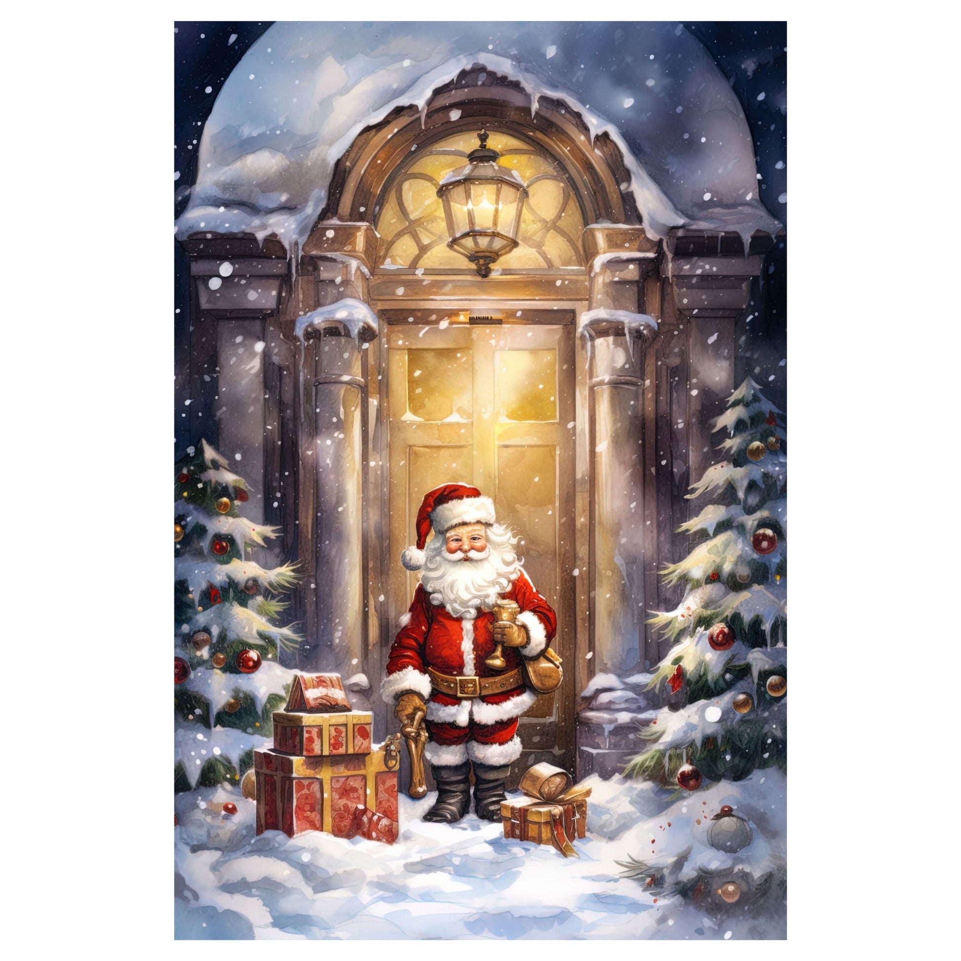 Dekorativt, grafisk julekort av en julenisse som kommer med julepakker. Motivet har et nostalgisk preg.