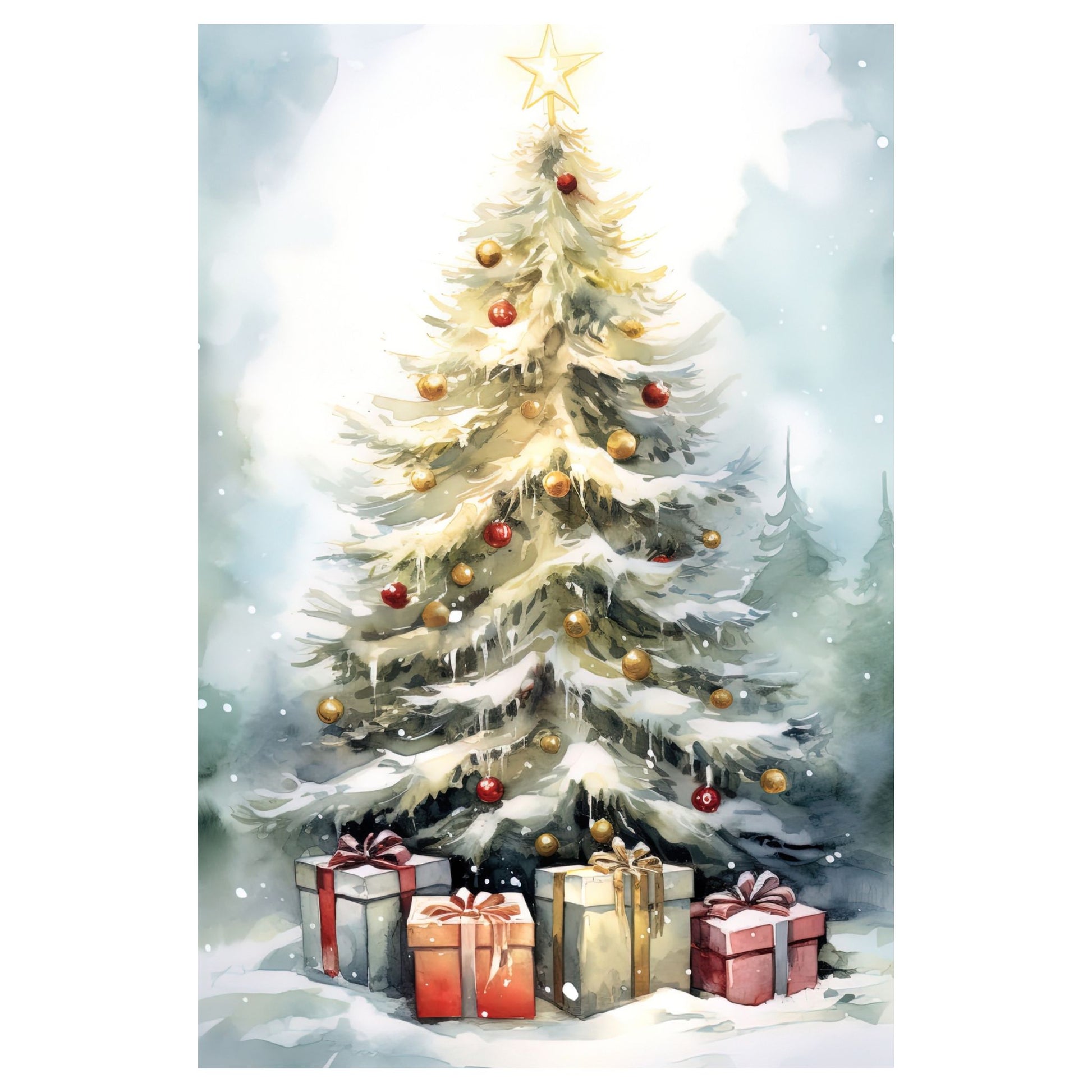 Dekorativt, grafisk julekort av et juletre og julepakker. Motivet har et nostalgisk preg.