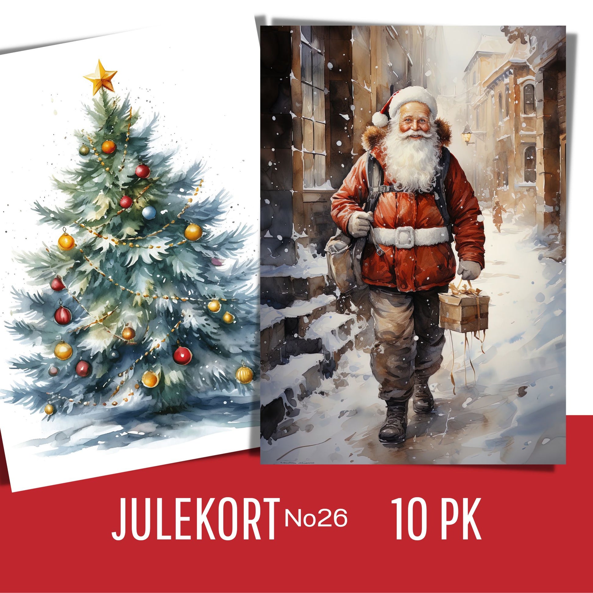 Serie med dekorative grafiske julekort med nostalgisk preg. Pakken inneholder 10 assorterte kort, trykket på 300 mg papir.