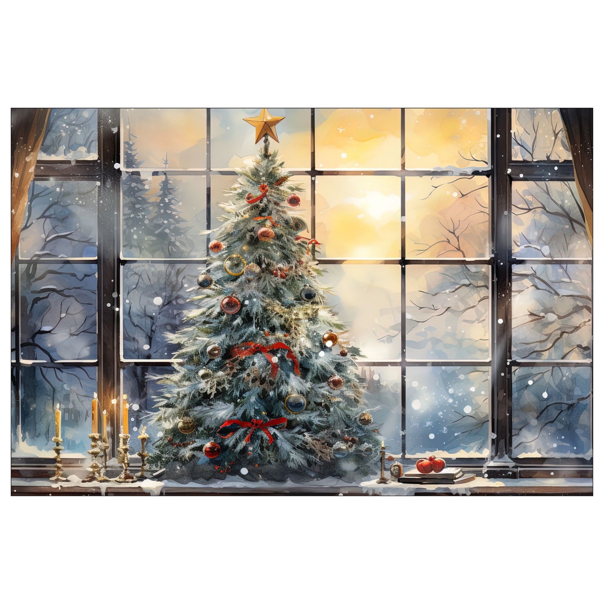 Dekorativt, grafisk julekort av et juletre ved et vindu. Motivet har et nostalgisk preg.