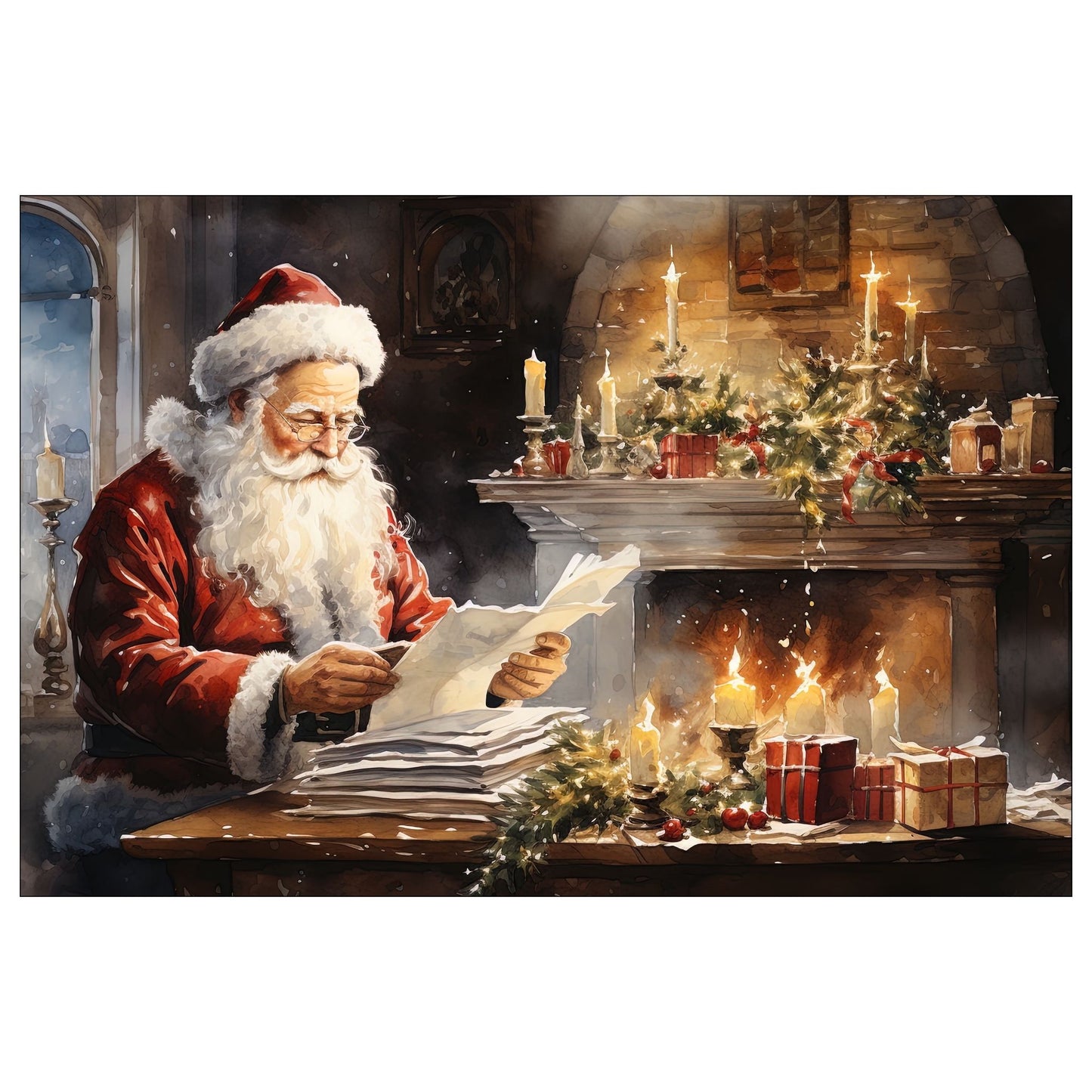 Dekorativt, grafisk julekort av julenisse som sitter og leser ønskelister. Motivet har et nostalgisk preg.