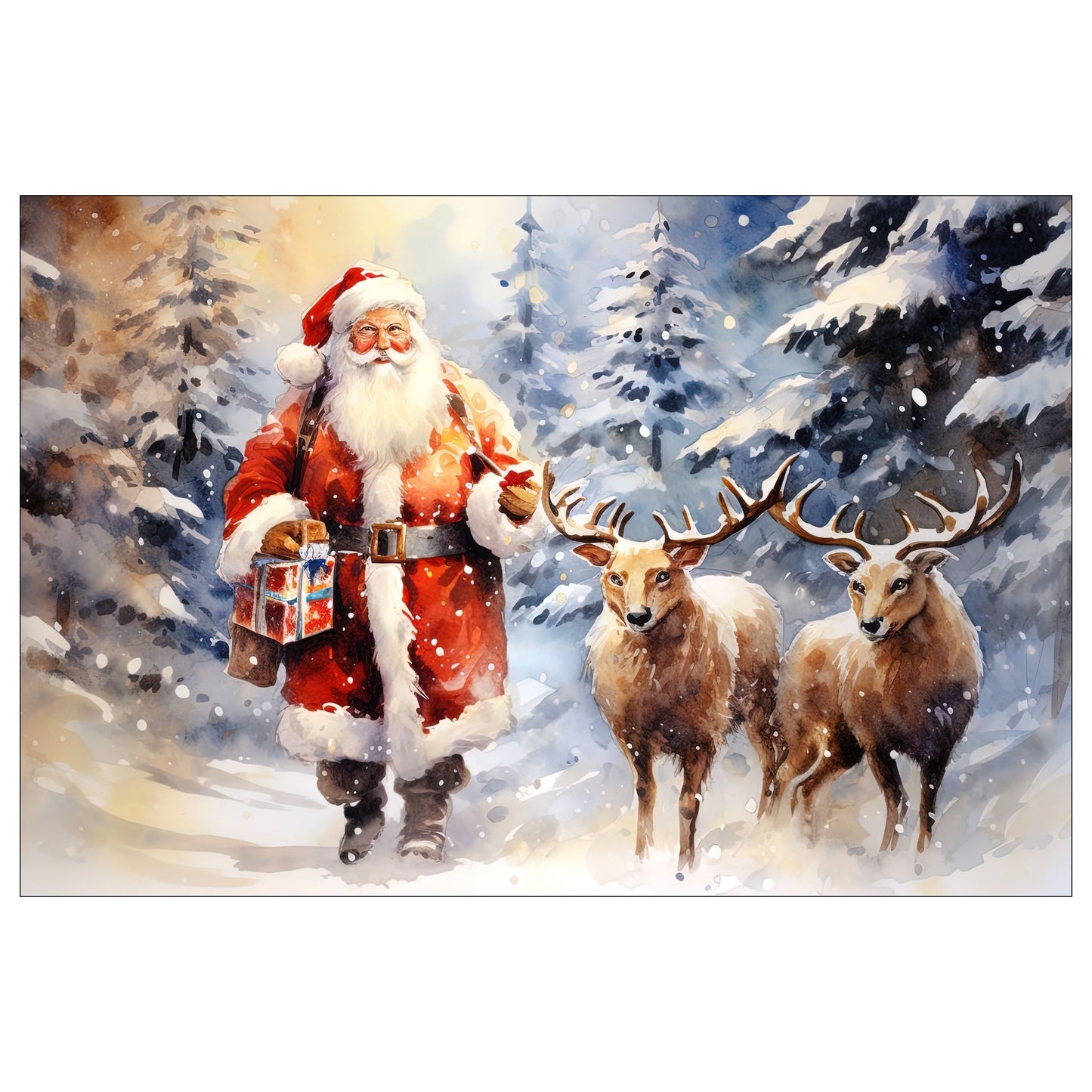 Dekorativt, grafisk julekort av en julenisse med to reinsdyr. Motivet har et nostalgisk preg.