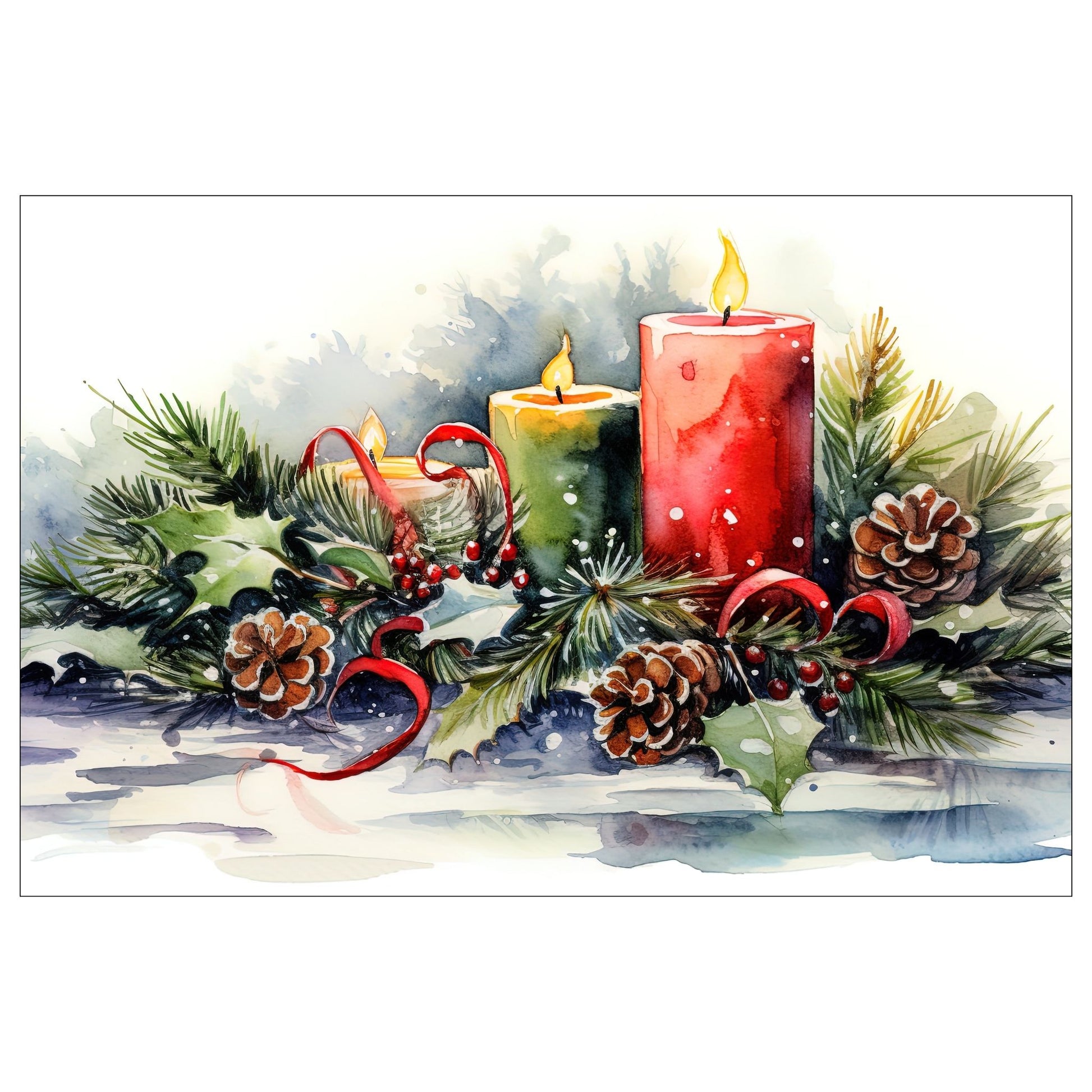 Dekorativt, grafisk julekort av av en juledekorasjon med tre kubbelys som brenner, furubar og furukongler. Motivet har et nostalgisk preg.