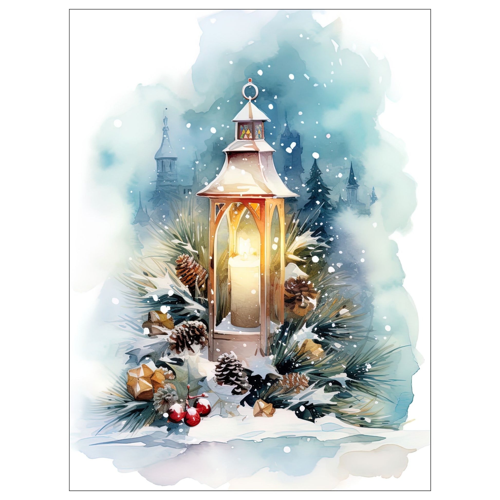 Dekorativt, grafisk julekort av en lyslykt med juledekorasjon, som står ute i snøen. Motivet har et nostalgisk preg.