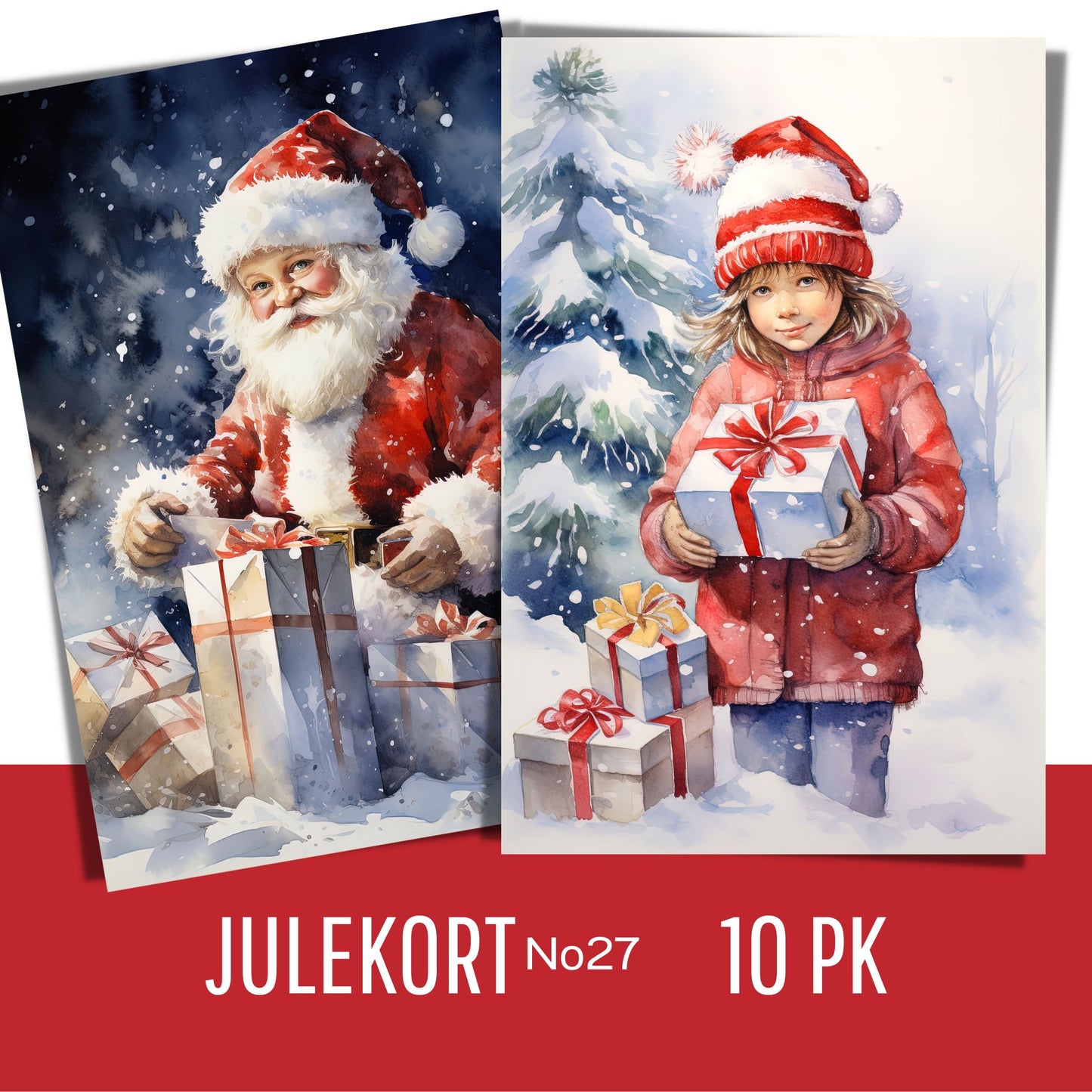 Serie med dekorative grafiske julekort med nostalgisk preg. Pakken inneholder 10 assorterte kort, trykket på 300 mg papir.