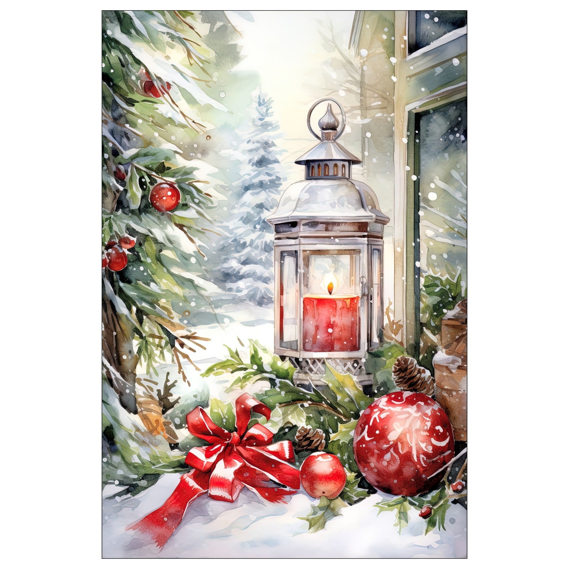 Dekorativt, grafisk julekort av en lyslykt med juledekorasjon, som står ute i snøen. Motivet har et nostalgisk preg.