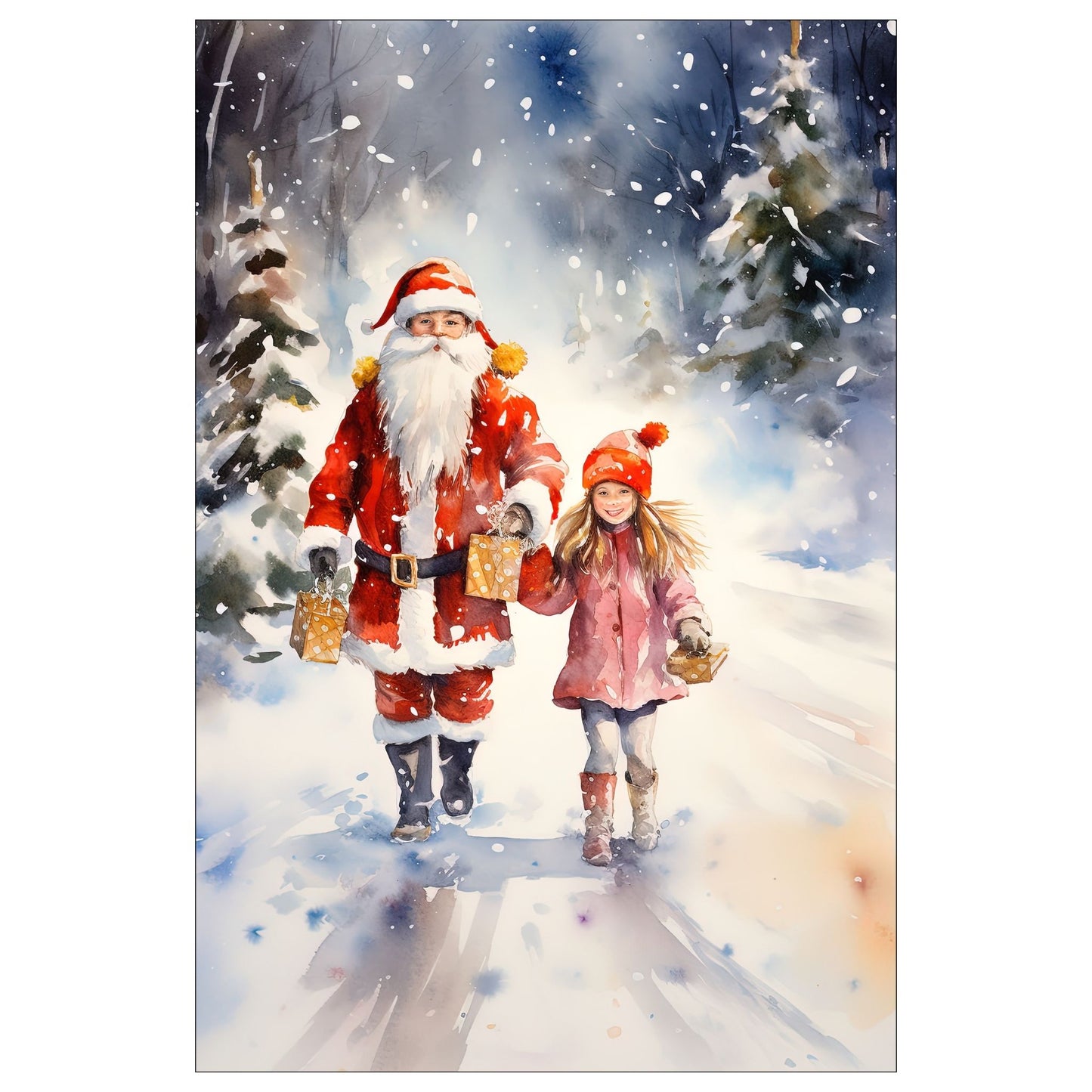 Dekorativt, grafisk julekort av en julenisse og en liten jente som kommer med julepakker. De går ute i snøvær i skogen. Motivet har et nostalgisk preg.