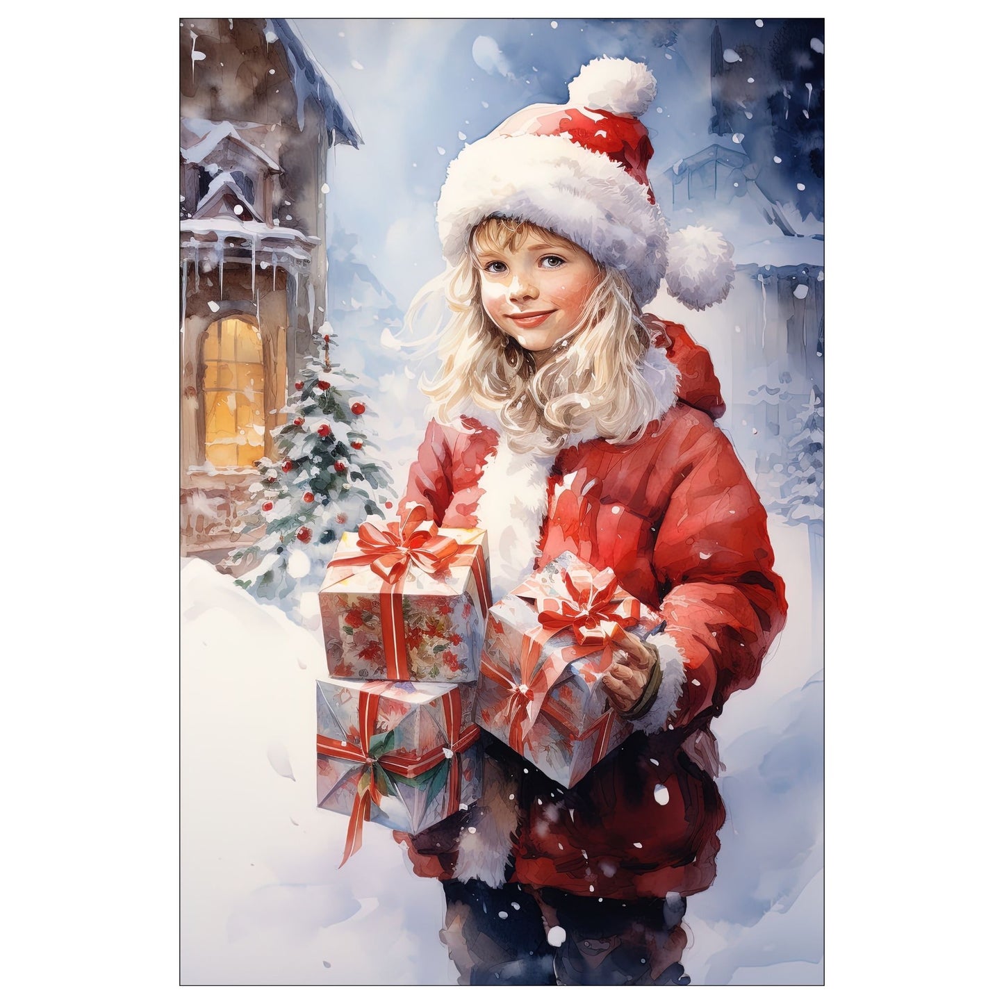 Dekorativt, grafisk julekort av en jente med nisselue. Hun bærer tre julepakker. Motivet har et nostalgisk preg.