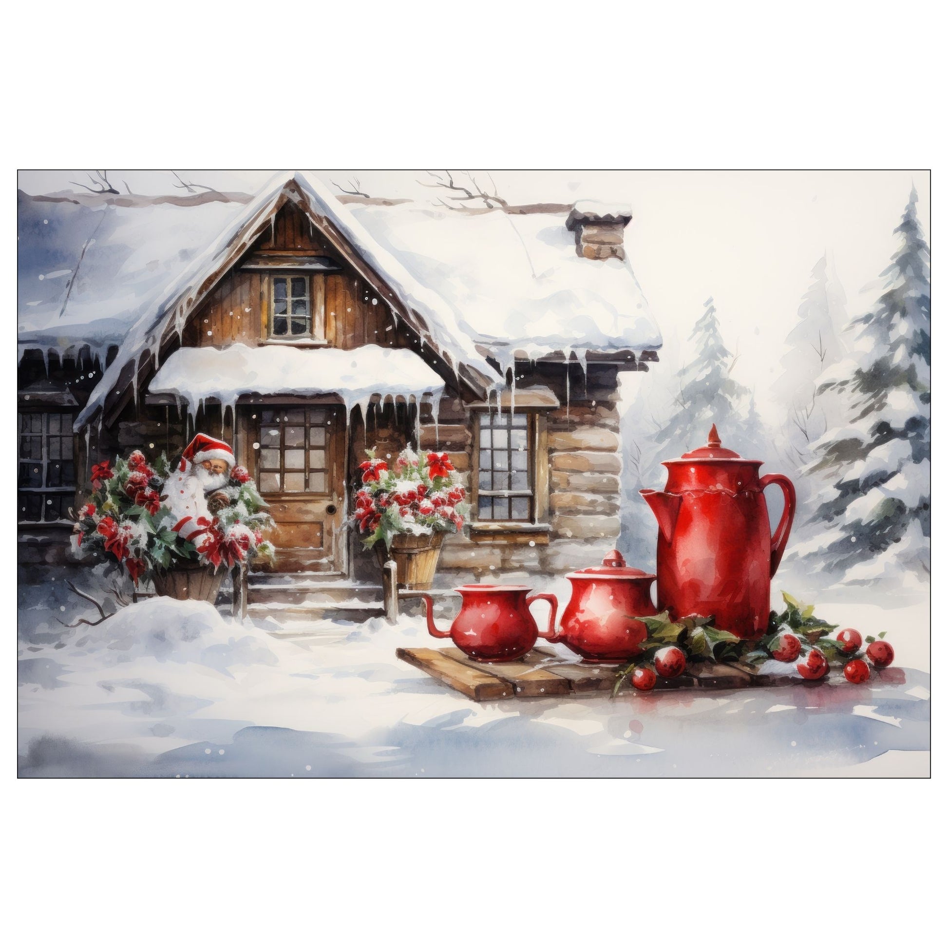 Dekorativt, grafisk julekort av et julepyntet tømmerhus. Ute i snøen står det en rød kaffekanne og to røde kaffekopper. Motivet har et nostalgisk preg.