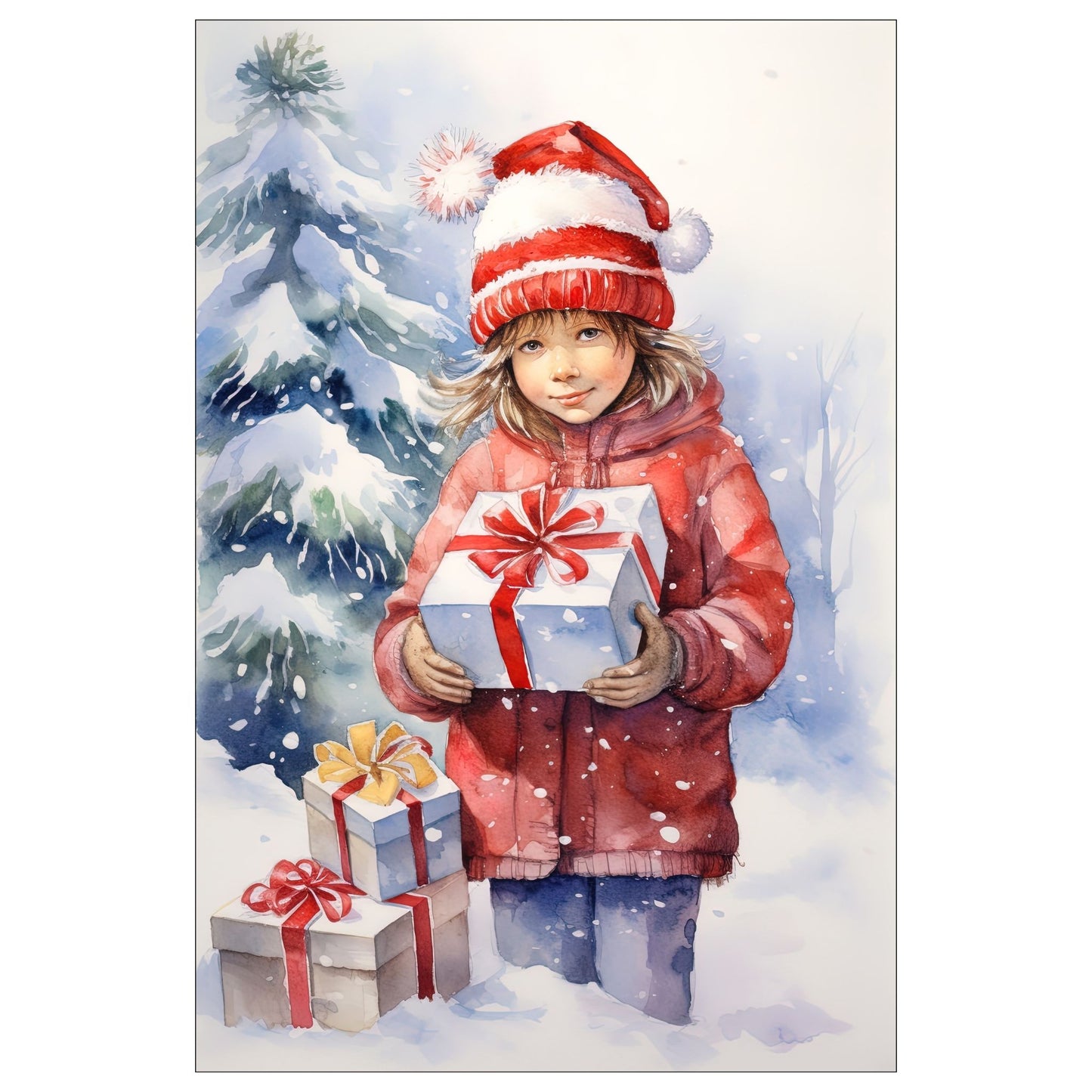 Dekorativt, grafisk julekort av en jente med tre julepakker. Jenta står ute i snøen.. Motivet har et nostalgisk preg.