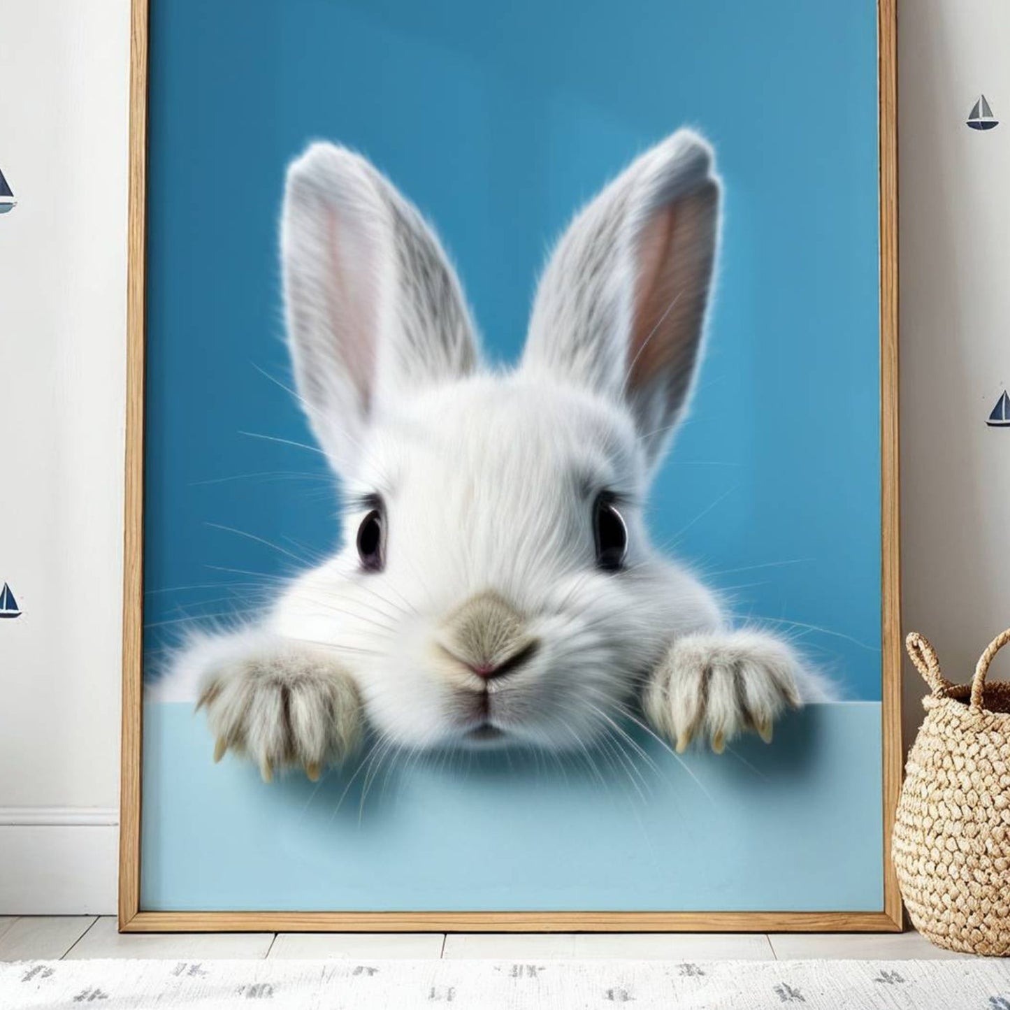 Med sine store, mørke øyne og myke pels mot en frisk blå bakgrunn, er denne plakaten et perfekt tillegg til din påskepynt – eller som en helårsdekorasjon for dyreelskere. Illustrasjonen viser plakat med uten kant i eik ramme.