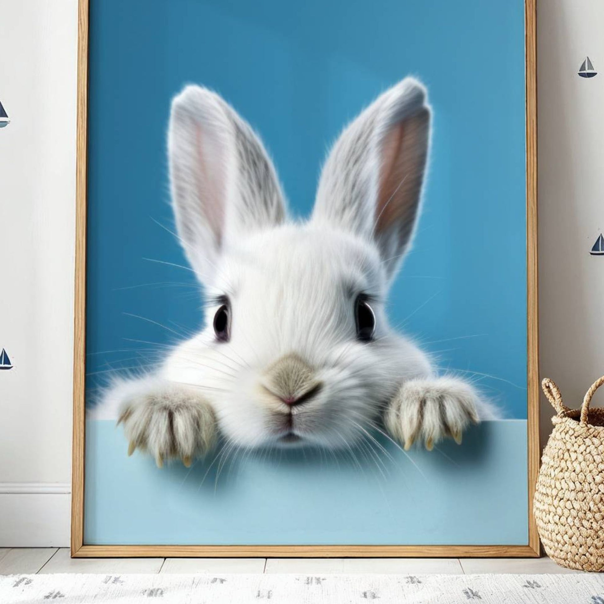 Med sine store, mørke øyne og myke pels mot en frisk blå bakgrunn, er denne plakaten et perfekt tillegg til din påskepynt – eller som en helårsdekorasjon for dyreelskere. Illustrasjonen viser plakat med uten kant i eik ramme.