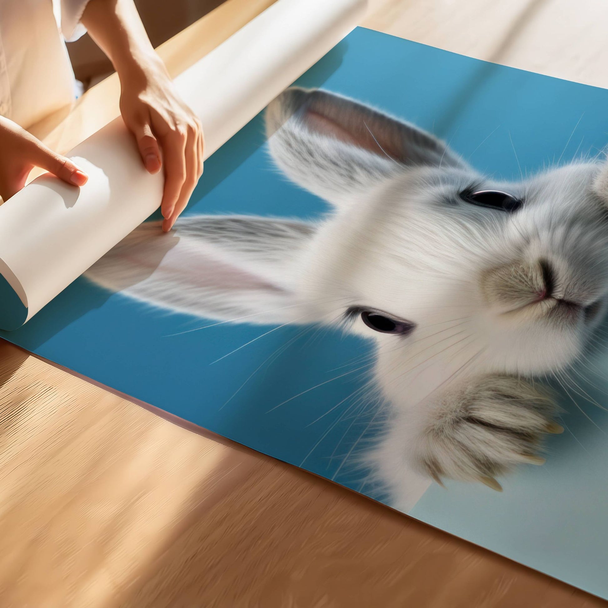 Med sine store, mørke øyne og myke pels mot en frisk blå bakgrunn, er denne plakaten et perfekt tillegg til din påskepynt – eller som en helårsdekorasjon for dyreelskere. Illustrasjonen viser plakat uten hvit kant på print.