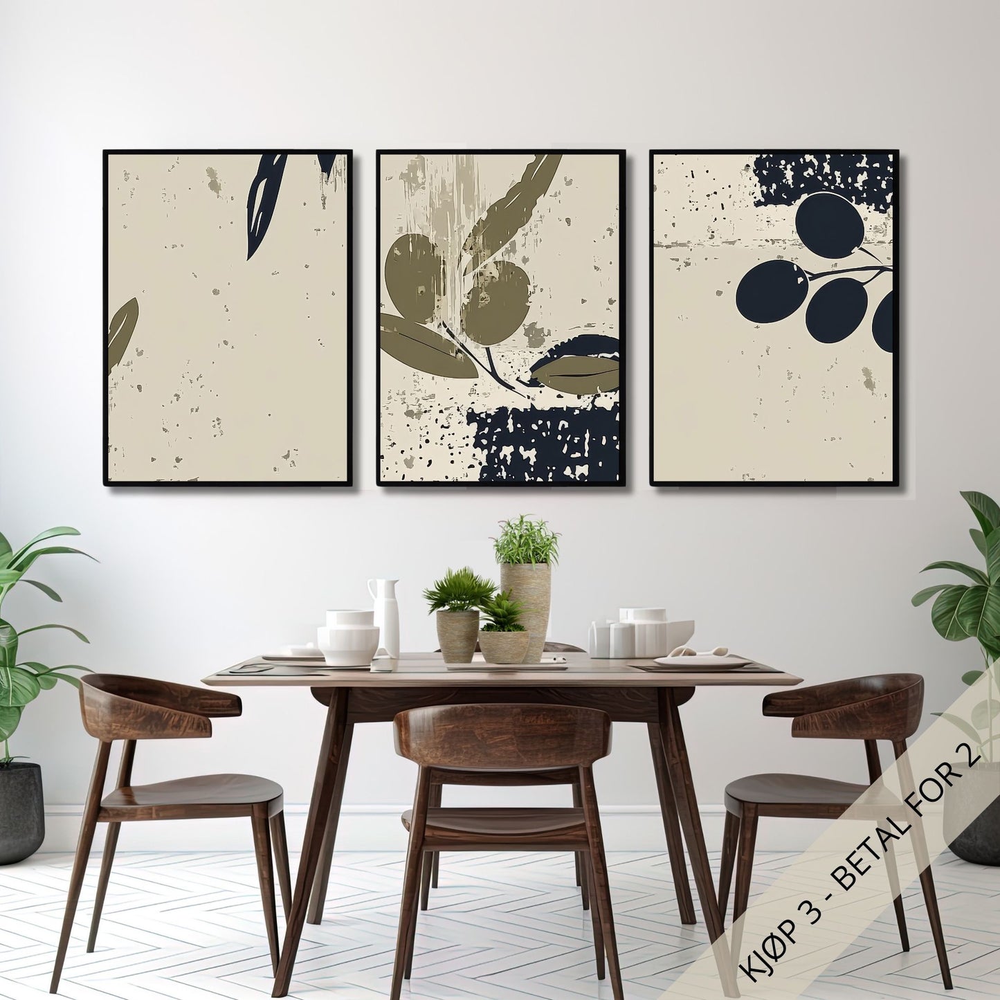 Denne serien med tre plakater, som er inspirert av oliventreets eleganse, bringer naturens rolige farger inn i ditt interiør. Miljøfoto viser motivene i sort ramme.