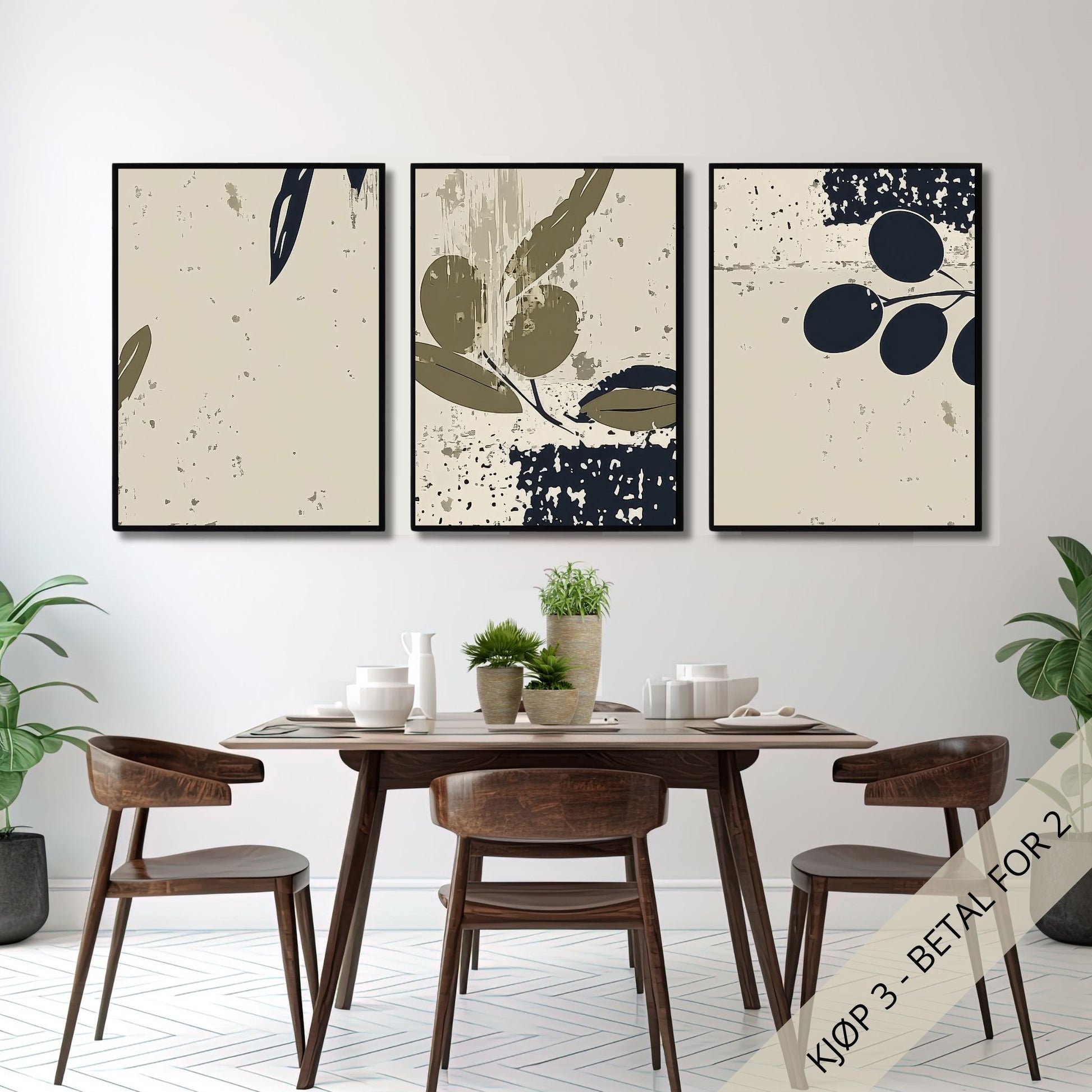Denne serien med tre plakater, som er inspirert av oliventreets eleganse, bringer naturens rolige farger inn i ditt interiør. Miljøfoto viser motivene i sort ramme.