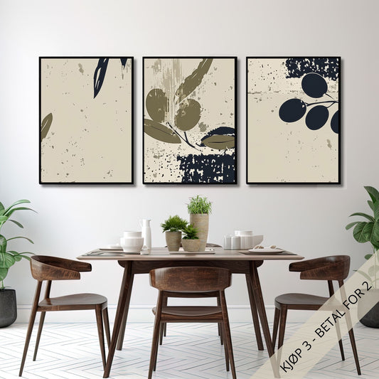 Denne serien med tre plakater, som er inspirert av oliventreets eleganse, bringer naturens rolige farger inn i ditt interiør. Miljøfoto viser motivene i sort ramme.