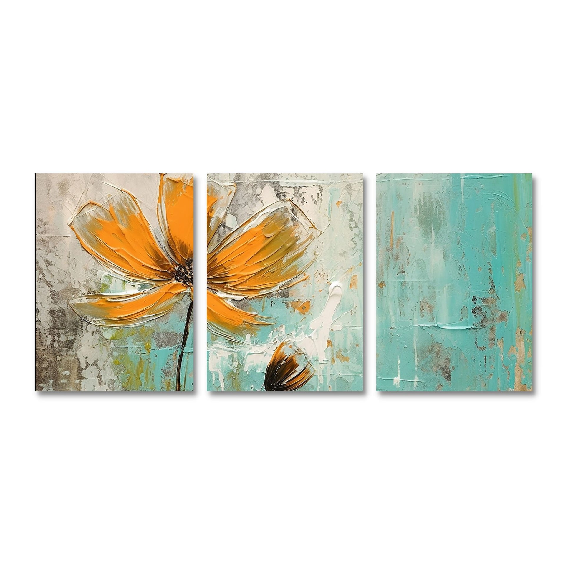 Abstrakt maleri som består av 3 stk. grafiske print på lerret. Motivet består av oransje blomster som danser på en beroligende bakgrunn av brunt,  beige og turkis..