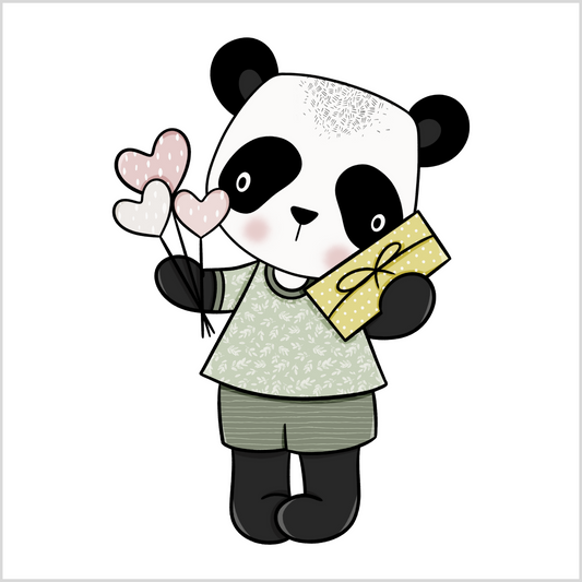 Grafisk illustrasjon av en panda-gutt. Han har på grønn shorts med hvite striper og lysegrønn genser med hvite blomster. Han holder en gul pakke og hjerteballonger i hendene.