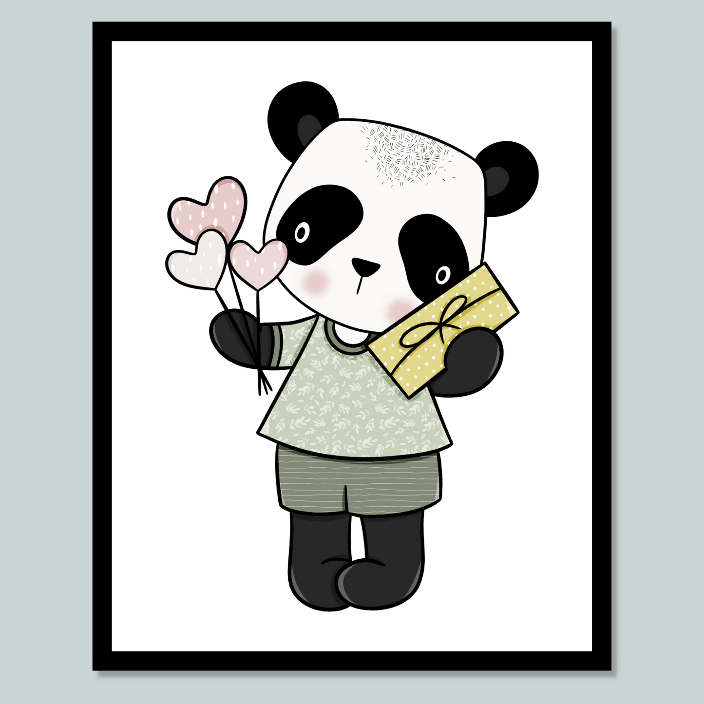 Grafisk illustrasjon av en panda-gutt. Han har på grønn shorts med hvite striper og lysegrønn genser med hvite blomster. Han holder en gul pakke og hjerteballonger i hendene.