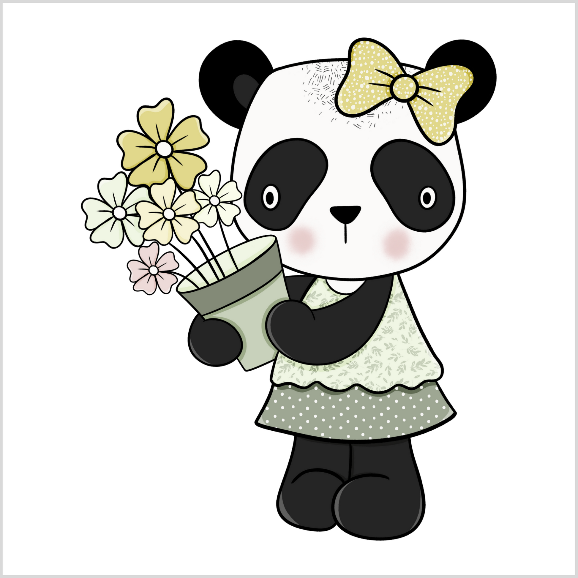 Grafisk illustrasjon av en panda-jente. Hun har på grønt skjørt med hvite prikker og lysegrønn overdel med hvite blomster. På hodet har hun en gul sløyfe med hvite prikker. Hun holder en potte med gul, grønn og rosa blomster i hendene.