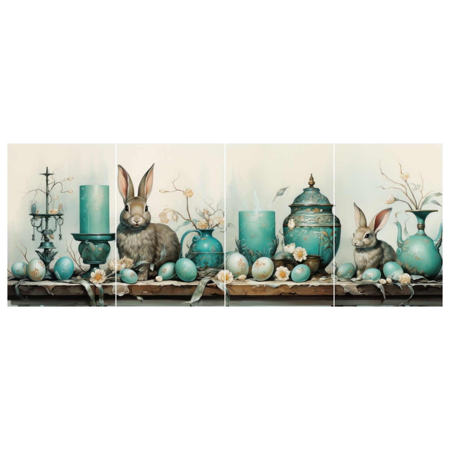 Grafisk illustrasjon med fire paneler danner et vakkert langbord dekorert med påskepynt, inkludert lys, krukker, vaser med blomster og påskeegg, alt i duse turkise, beige og brune farger. To sjarmerende brune kaniner legger til en ekstra touch av sjarm til motivet. 