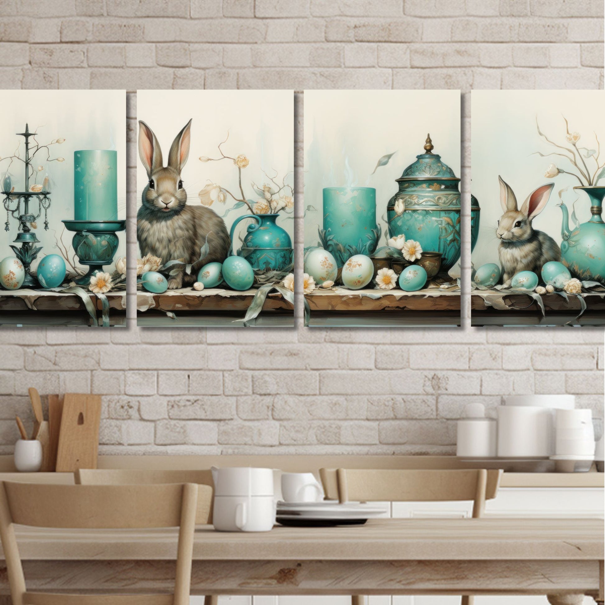 Grafisk illustrasjon med fire paneler danner et vakkert langbord dekorert med påskepynt, inkludert lys, krukker, vaser med blomster og påskeegg, alt i duse turkise, beige og brune farger. To sjarmerende brune kaniner legger til en ekstra touch av sjarm til motivet. Illustrasjonesfoto viser motivene på en vegg ved et spisebord.