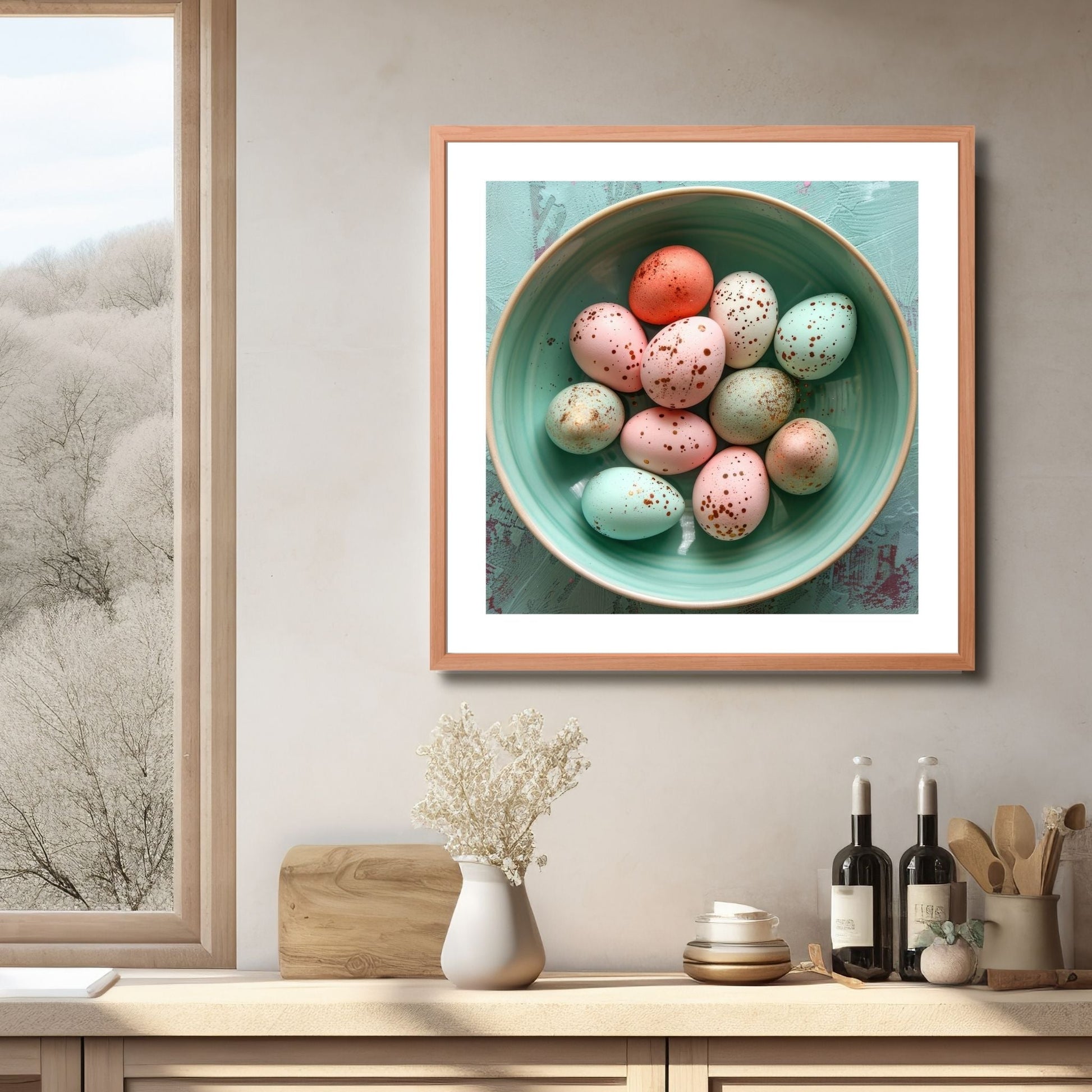 Grafisk illustrasjon av påskeegg i herlige rosa og turkise nyanser, dekorert med lekre gullprikker. Eggene ligger i en turkis keramikkskål. Illustrasjonsfoto viser bildet i kvadratisk format i ramme over en kjøkkenbenk.