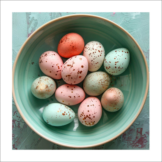Grafisk illustrasjon av påskeegg i herlige rosa og turkise nyanser, dekorert med lekre gullprikker. Eggene ligger i en turkis keramikkskål.