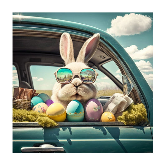 Grafisk illustrasjon av en hvit påskehare iført trendy polaroid solbriller, som observerer verden utenfor fra komforten av en blå bil. Med en håndfull fargerike påskeegg ved sin side, sprer denne lille kaninen glede og påskestemning.