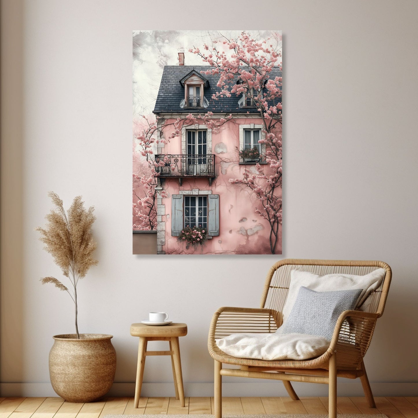 Grafisk illustrasjon av et gammelt og sjarmerende rosa murhus. Utenfor blomstrer to trær med rosa blomster. Illustrasjon av motivet på lerret.
