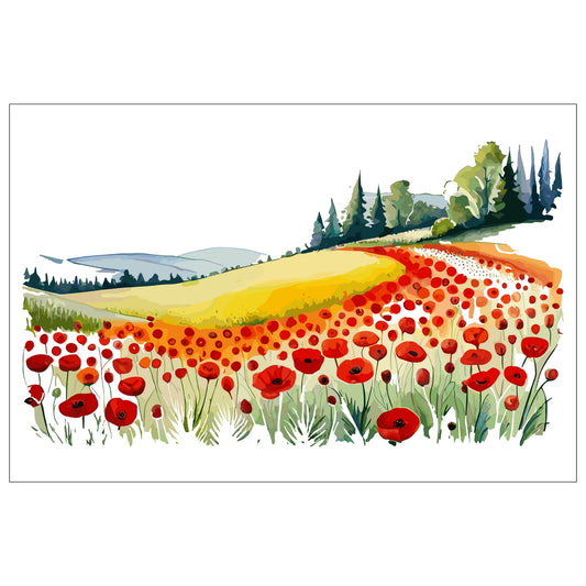 Forvandle ditt hjem med den sjarmerende skjønnheten av vår "Poppies Fields" plakat, en del av en eksklusiv serie grafiske akvarellmalerier. 