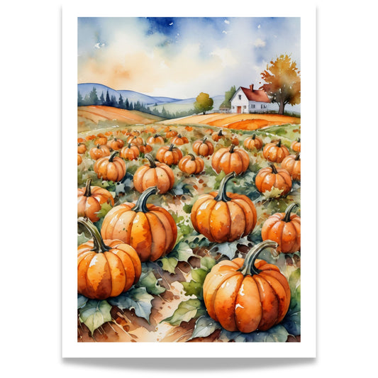 “Pumpkin Fields” er et varmt og høstlig motiv med en gresskaråker badet i sollys. 
