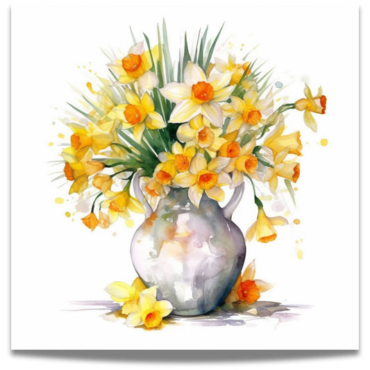 Lys opp hjemmet med Påskeblomst i Vase – Plakat, et stemningsfullt vårmotiv med gule påskeliljer i en elegant vase. 
