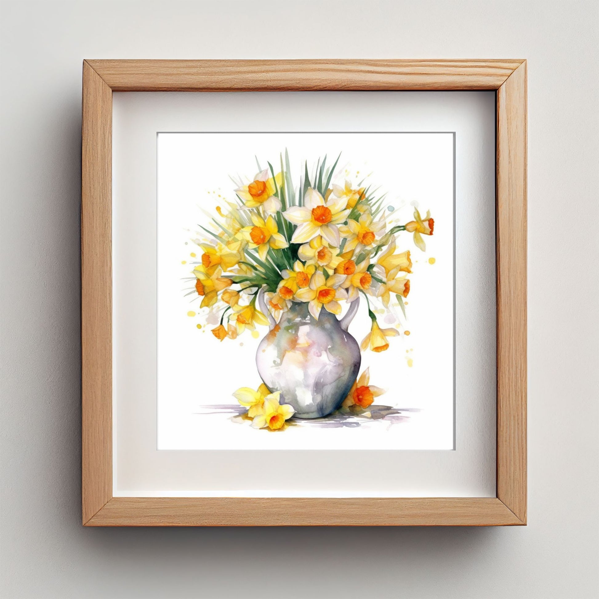 Lys opp hjemmet med Påskeblomst i Vase – Plakat, et stemningsfullt vårmotiv med gule påskeliljer i en elegant vase. Illustrasjon viser plakat med passepartout i eik ramme.