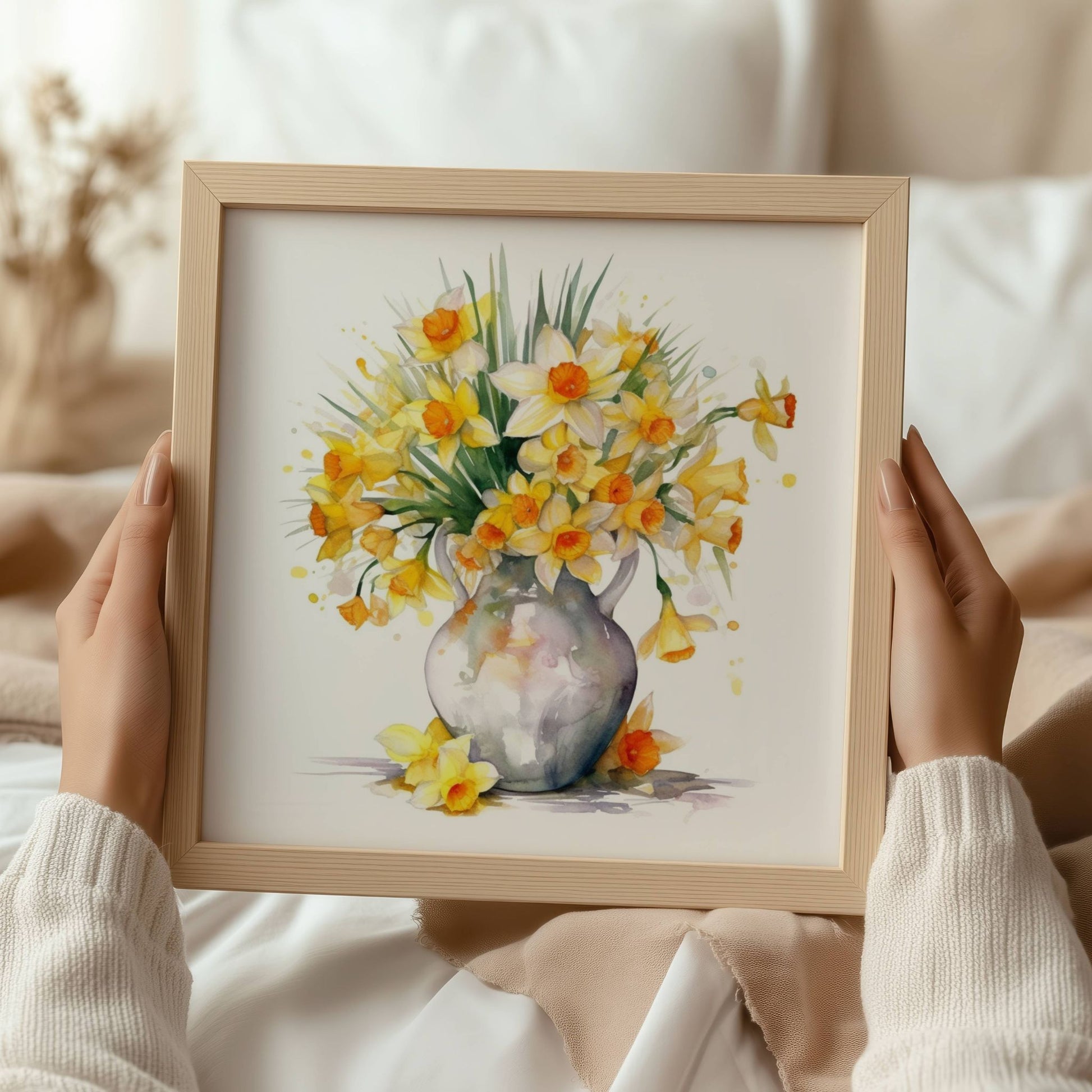 Lys opp hjemmet med Påskeblomst i Vase – Plakat, et stemningsfullt vårmotiv med gule påskeliljer i en elegant vase. Illustrasjon viser plakat i eik ramme.