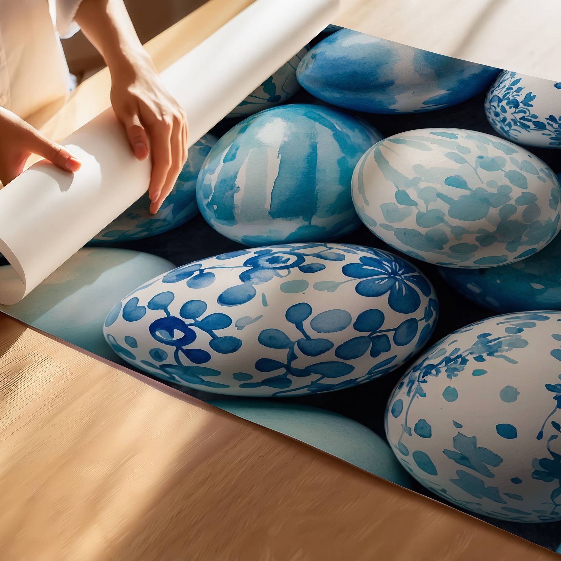  Dette elegante motivet viser en samling håndmalte påskeegg i ulike blåtoner, dekorert med delikate mønstre inspirert av akvarellkunst. Illustrasjon viser plakat på print.