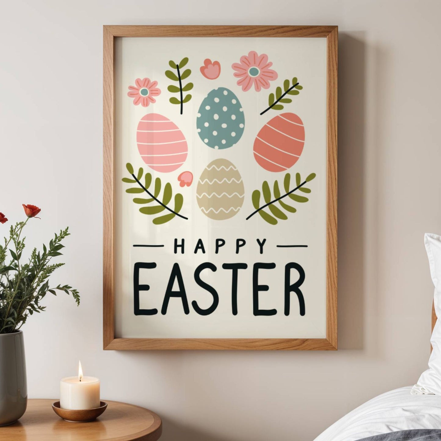  Denne dekorative påskeplakaten kombinerer vakre pastellfarger, stilrene påskeegg og delikate blomstermotiver for å gi hjemmet ditt en varm og livlig påskefeiring. Illustrasjon viser plakat uten hvit kant i eik ramme.