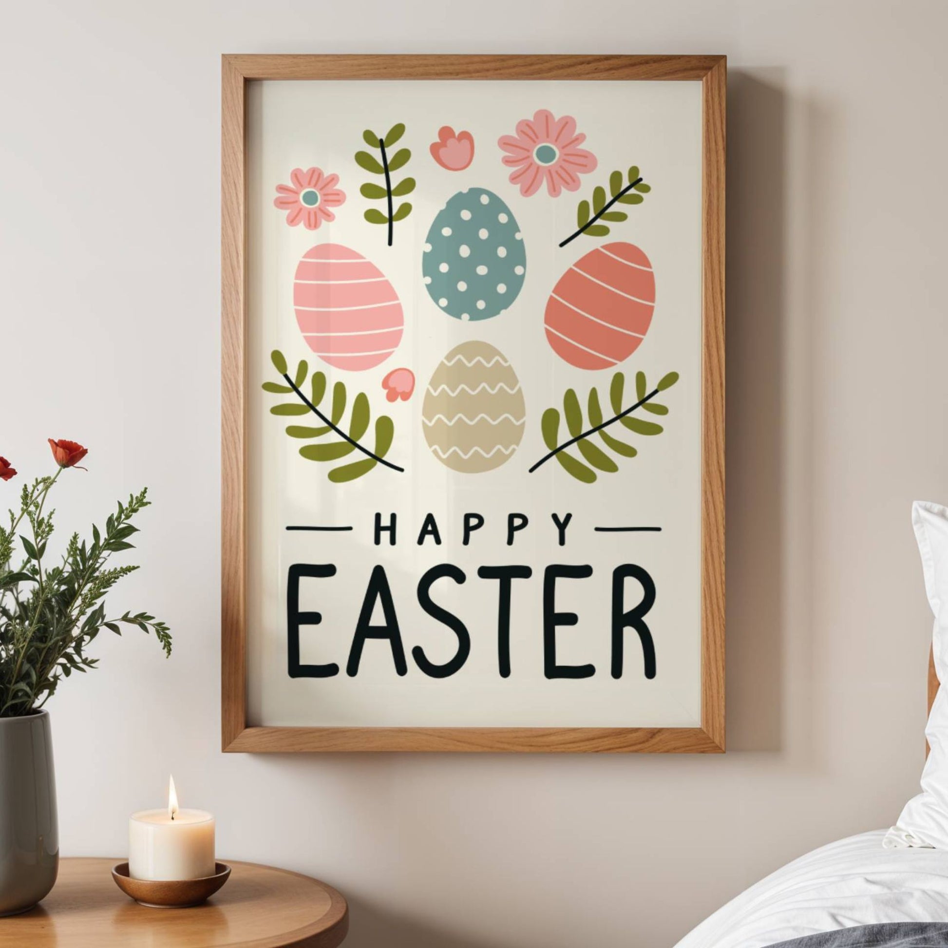  Denne dekorative påskeplakaten kombinerer vakre pastellfarger, stilrene påskeegg og delikate blomstermotiver for å gi hjemmet ditt en varm og livlig påskefeiring. Illustrasjon viser plakat uten hvit kant i eik ramme.