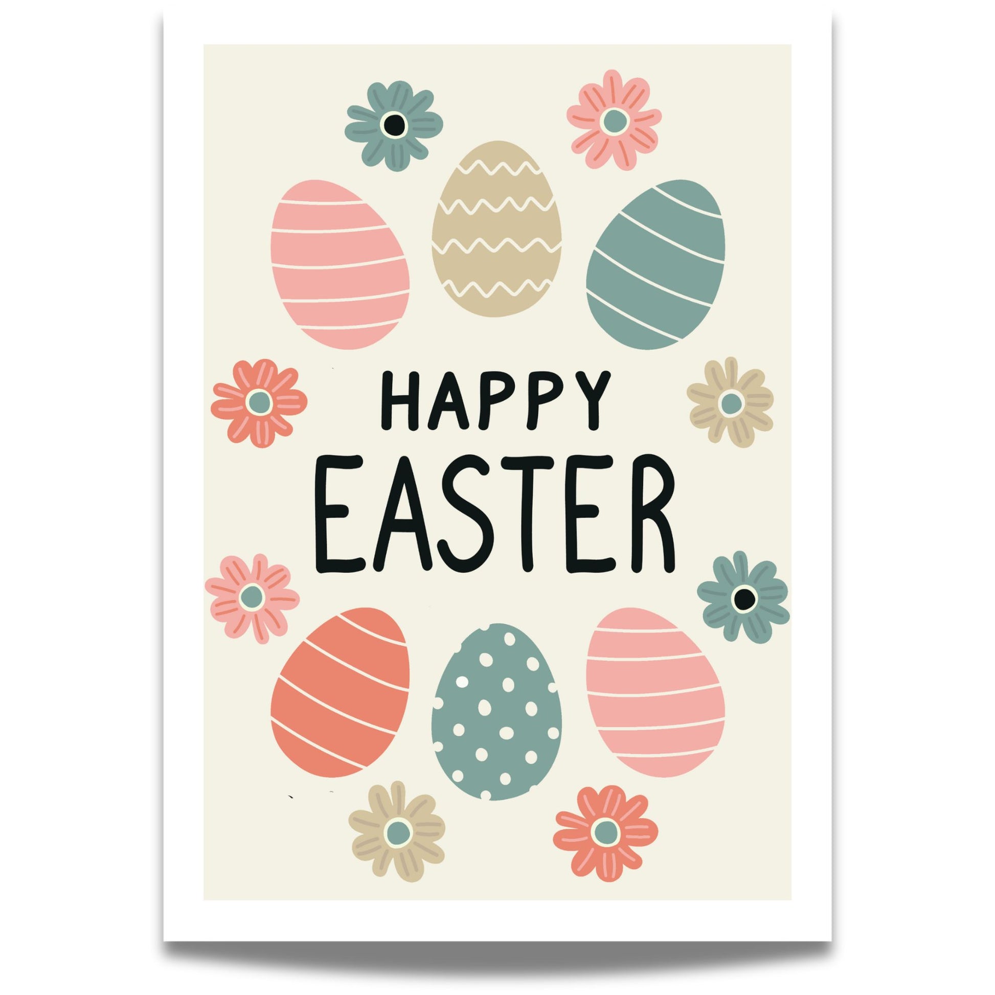 Denne stemningsfulle påskeplakaten har et sjarmerende design med fargerike påskeegg og blomster, perfekt for å skape en lun og festlig påskestemning.