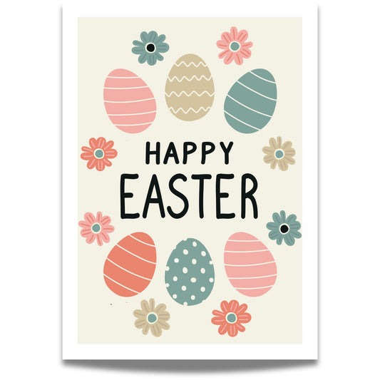 Denne stemningsfulle påskeplakaten har et sjarmerende design med fargerike påskeegg og blomster, perfekt for å skape en lun og festlig påskestemning.