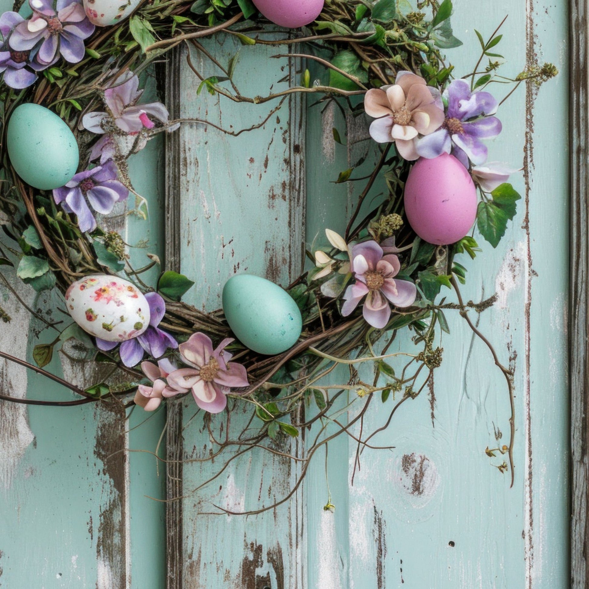 Gi hjemmet ditt en følelse av påske med denne herlige plakaten som viser en nydelig krans av kvister og blomster, pyntet med delikate påskeegg i duse pastellfarger. 