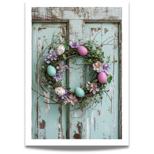 Gi hjemmet ditt en følelse av påske med denne herlige plakaten som viser en nydelig krans av kvister og blomster, pyntet med delikate påskeegg i duse pastellfarger. 