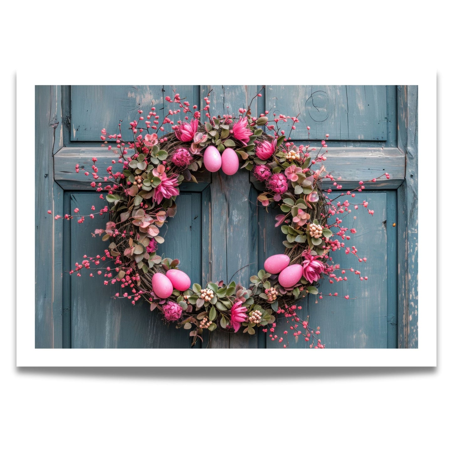 Denne vakre illustrasjonen fanger essensen av påske og vår med en frodig krans fylt med blomster, bær og sarte rosa påskeegg. 