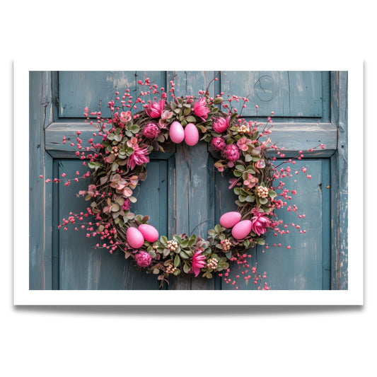 Denne vakre illustrasjonen fanger essensen av påske og vår med en frodig krans fylt med blomster, bær og sarte rosa påskeegg. 