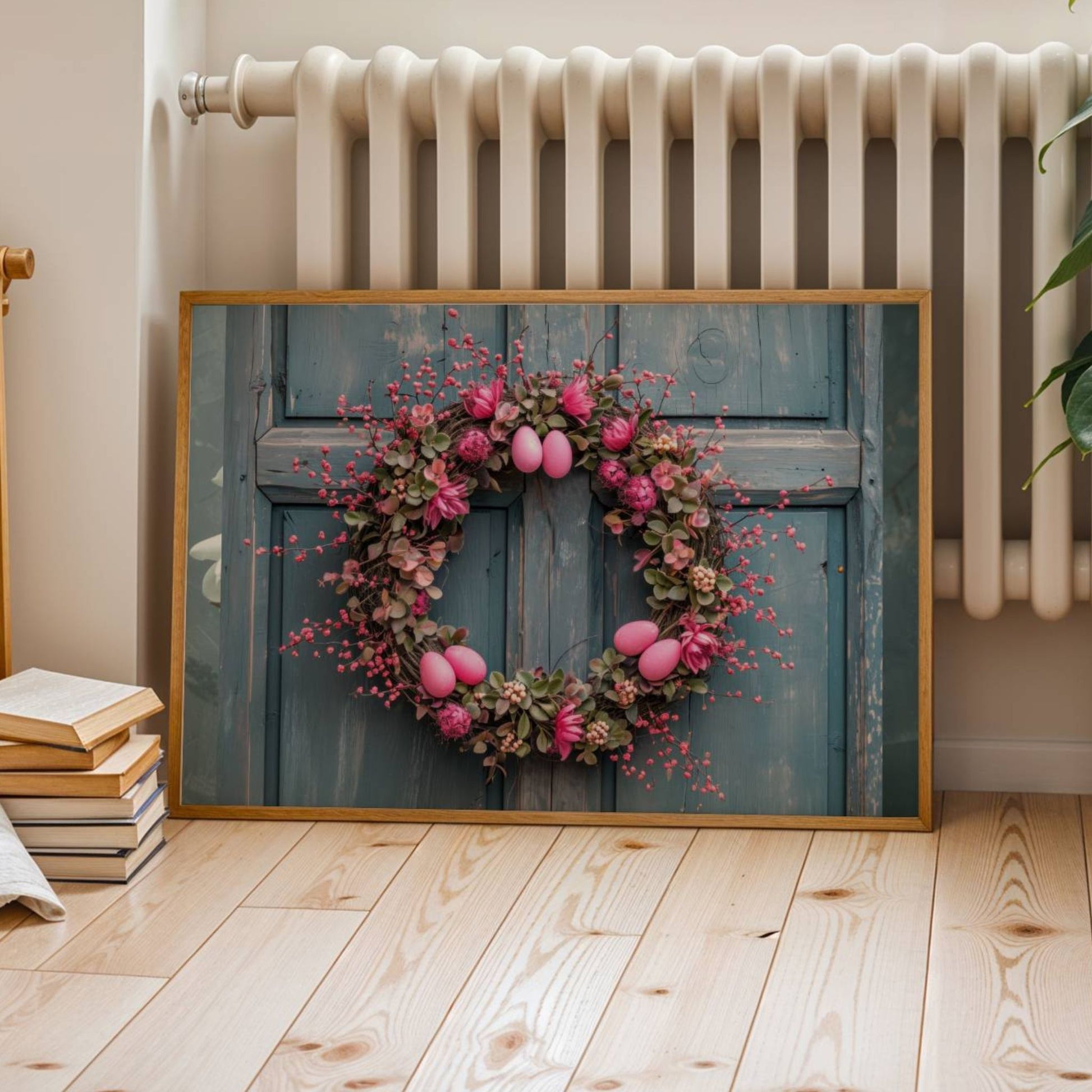 Denne vakre illustrasjonen fanger essensen av påske og vår med en frodig krans fylt med blomster, bær og sarte rosa påskeegg. Illustrasjonen viser motivet som plakat uten hvit kant i ramme.