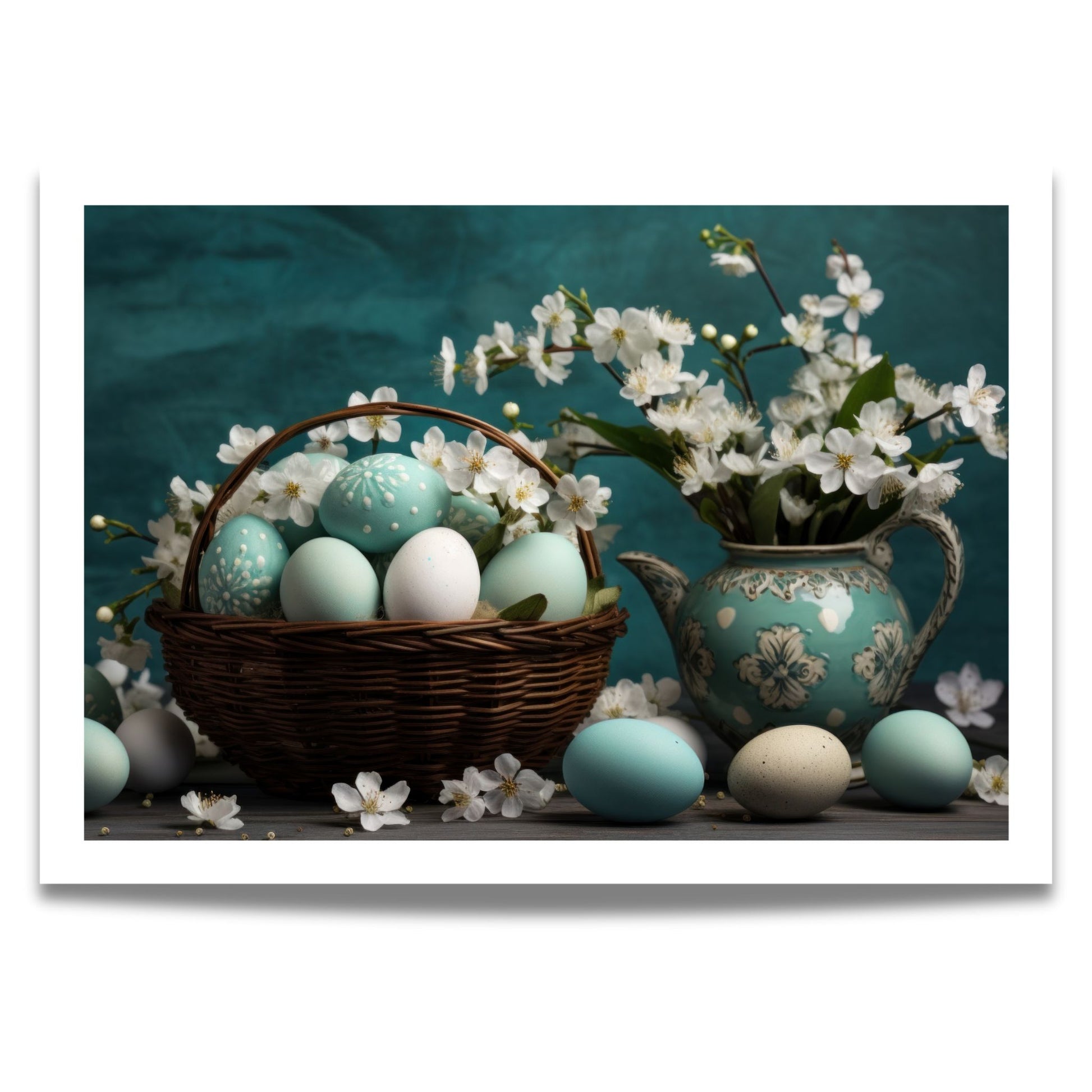 Dette vakre motivet kombinerer en rustikk kurv fylt med pastellfargede egg, delikate vårblomster og en nostalgisk tekanne i vintage-stil. Illustrasjon viser plakat med passepartout i eik ramme.