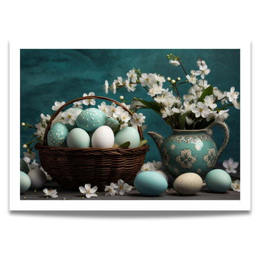 Dette vakre motivet kombinerer en rustikk kurv fylt med pastellfargede egg, delikate vårblomster og en nostalgisk tekanne i vintage-stil. Illustrasjon viser plakat med passepartout i eik ramme.