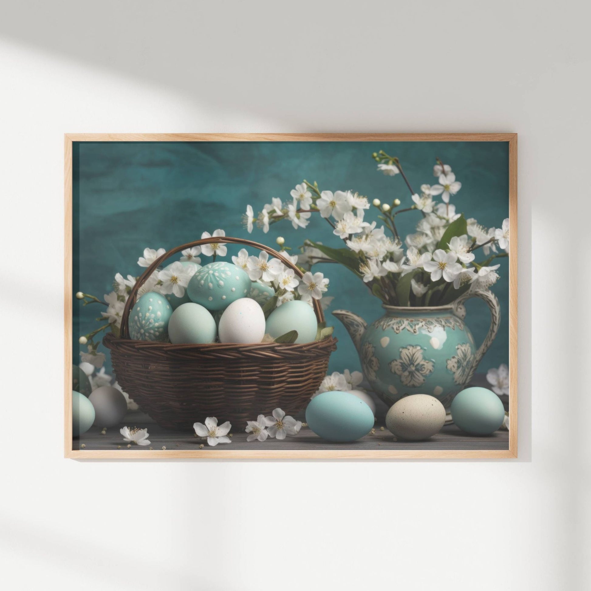 Dette vakre motivet kombinerer en rustikk kurv fylt med pastellfargede egg, delikate vårblomster og en nostalgisk tekanne i vintage-stil. Illustrasjon viser plakat uten hvit kant i eik ramme.